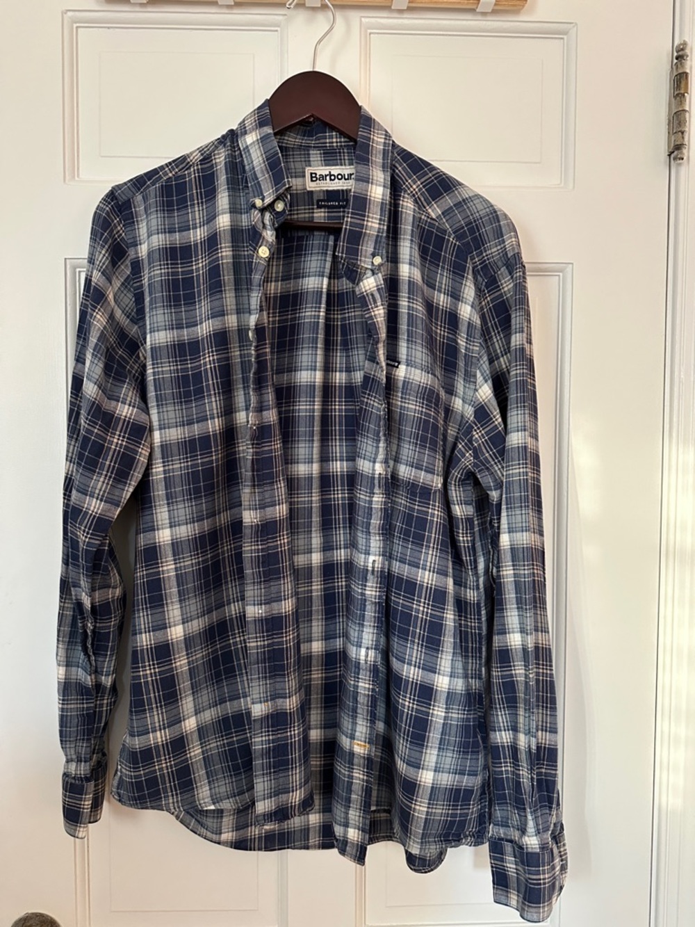 Barbour Men's Navy and White Plaid Button-Down Shirt